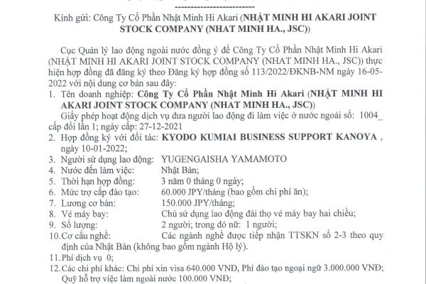 Hợp đồng cung ứng lao động Kyodo Kumiai Business Support Konaya – HI156