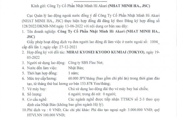 Hợp đồng cung ứng lao động Mirai Kyosei Kyodo Kumiai – MT2567, HI286